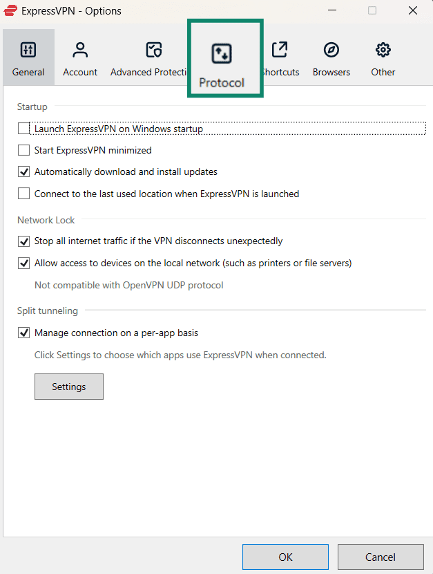 Accessing the Protocol menu in ExpressVPN's Windows app.
