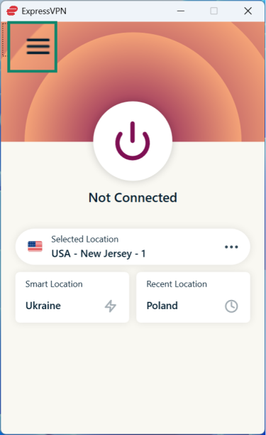 A hamburger menu on the ExpressVPN app for Windows.