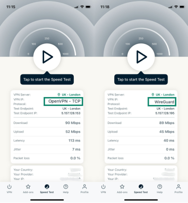A speed test comparison between the OpenVPN (TCP) and WireGuard protocols using the ExpressVPN app.