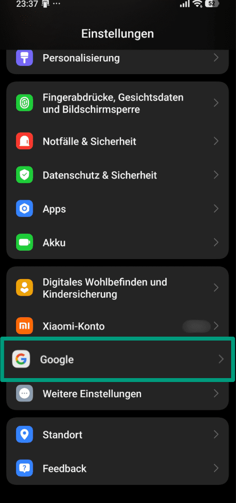 A screenshot of the main page of the Android Settings app.