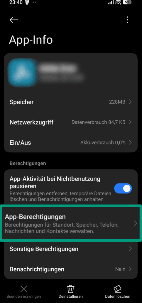 A screenshot of the App info menu for an Android mobile game, showing the option to adjust permissions.