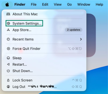 The Apple menu on a Mac. The "System Settings..." button is highlighted.