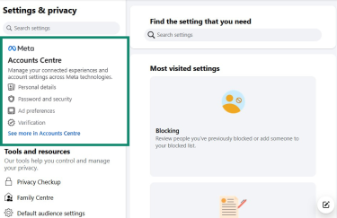 Facebook Settings & privacy page with Accounts Centre highlighted.