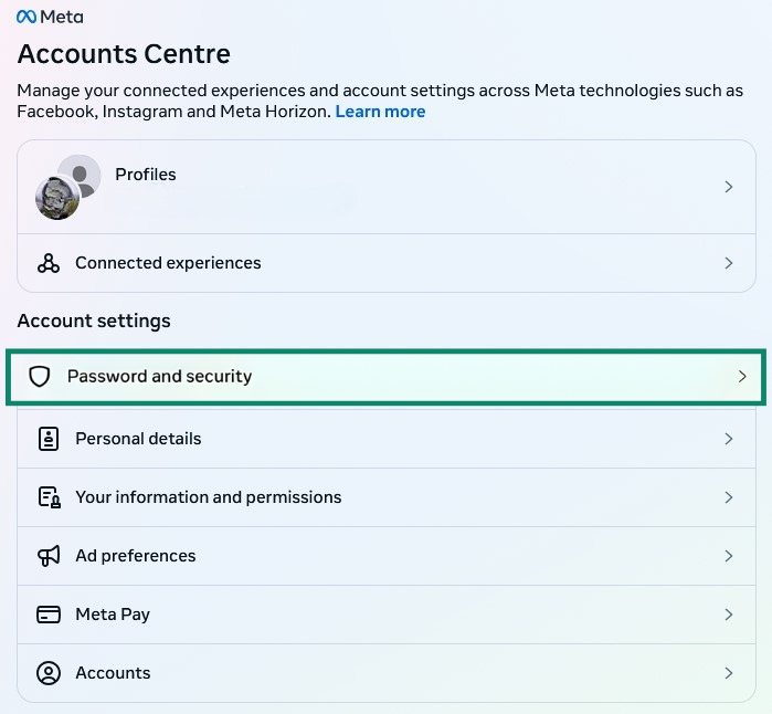 Facebook Accounts Centre page with Password and security highlighted.