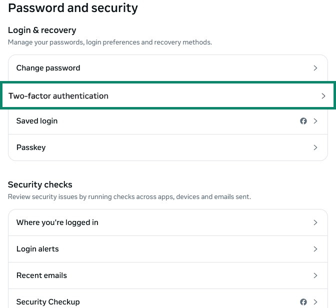 Facebook Password and security page with Two-factor authentication highlighted.