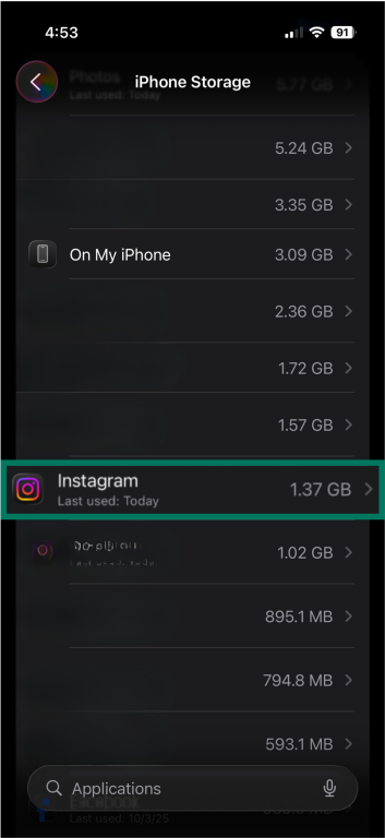 iPhone Storage screen showing Instagram app highlighted with storage size.