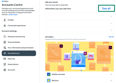 A screenshot of the Ad preferences page, showing the option to view all advertisers the user has seen ads from.