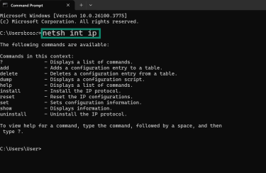Command Prompt showing netsh int ip command output.