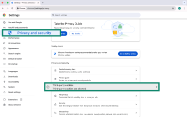 Chrome Privacy and security settings with Third-party cookies option highlighted.