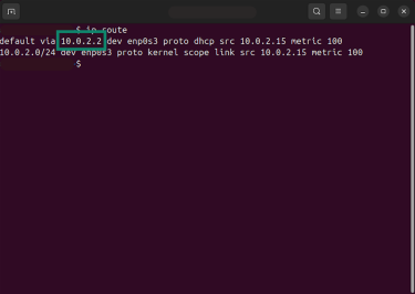 Linux terminal showing the result of the "ip route" command, including the default gateway address next to "default via."