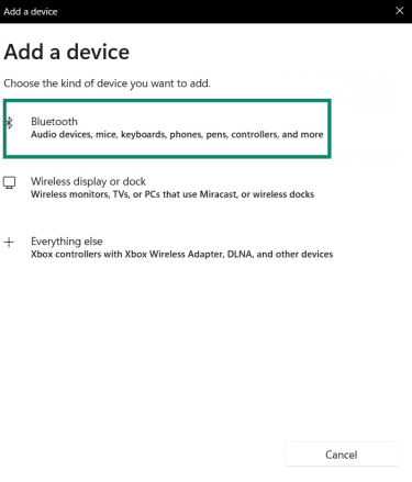 The "Add a device" window on the Windows 11 Bluetooth settings page. The "Bluetooth" option is highlighted.