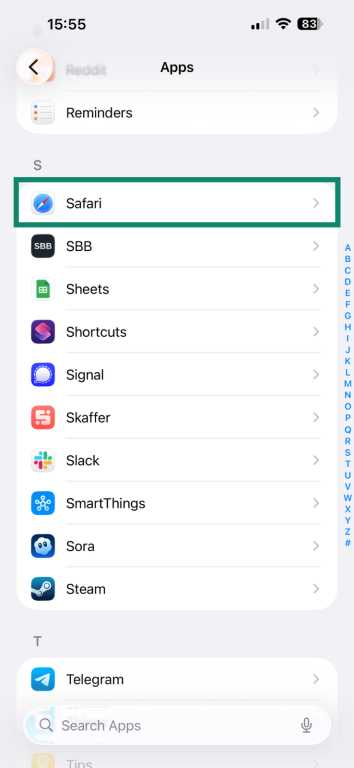 Accessing Safari's settings on iOS.
