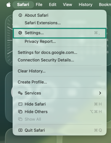 Text: Accessing Safari's settings on macOS.