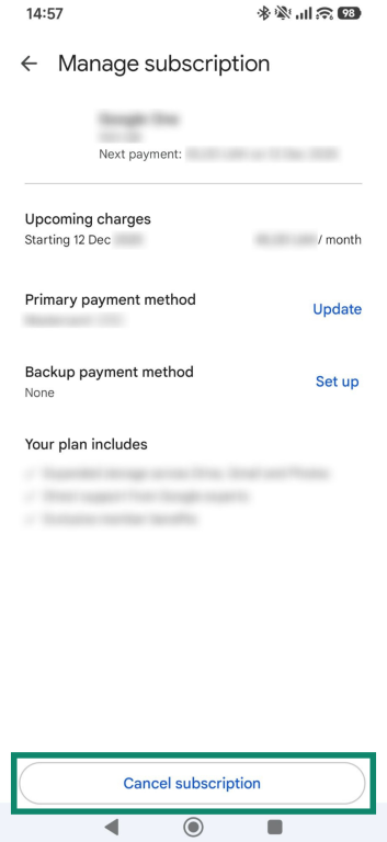 Screenshots from Android showing Google Play payments and subscription settings, highlighting Subscriptions and Active subscriptions.
