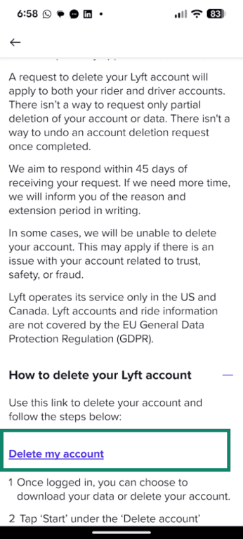 Lyft app delete my account button