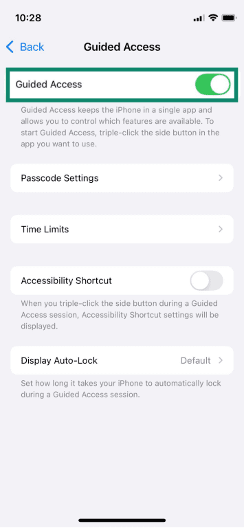 The Guided Access settings page, with the on/off toggle highlighted.