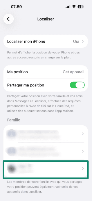 Find My settings page showing location sharing options.