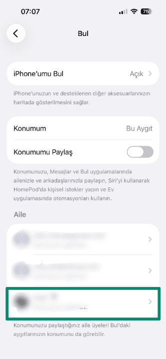 Find My settings page showing location sharing options.