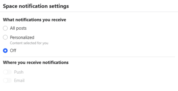 The Quora Space notification settings.
