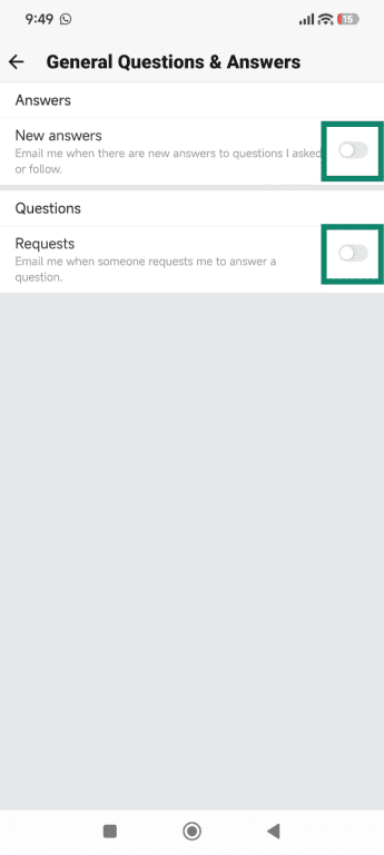 The Quora app General Questions and Answers settings for push notifications.