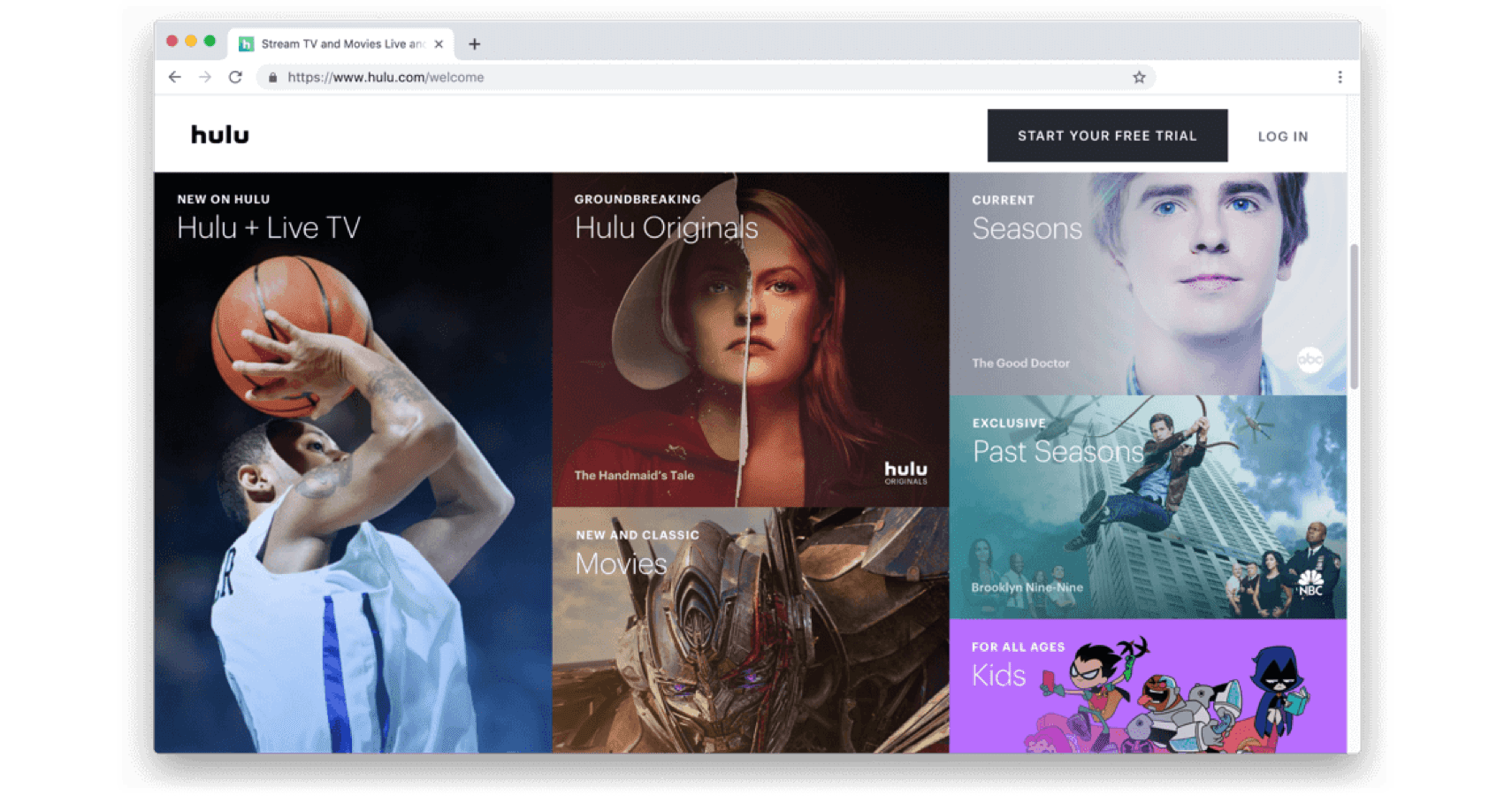 Hulu-velkomstskærm med billeder af serier.