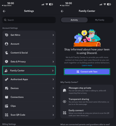Screenshots of Discord's settings menu with Family Center highlighted, and the Family Center settings with Connect with Teen highlighted.