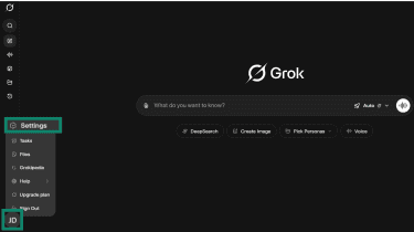 Grok desktop menu with Settings highlighted in the left sidebar.