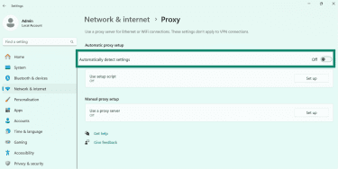 Windows Proxy settings with Automatically detect settings option highlighted.