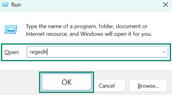 Windows Run window with search bar and OK button highlighted.