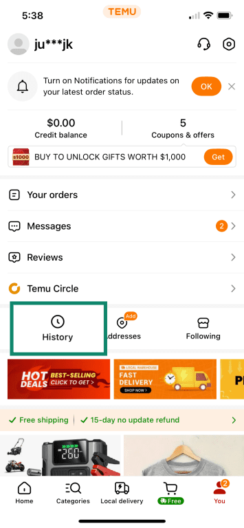 Temu profile with History highlighted.