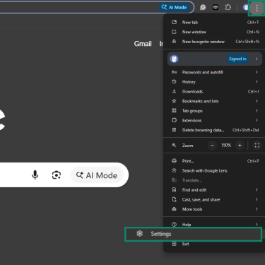 Settings option in the Chrome menu that appears after clicking the three dots.