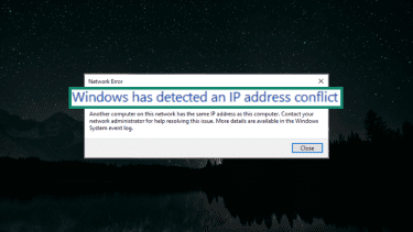 Screenshot of "Windows has detected an IP address conflict" error alert