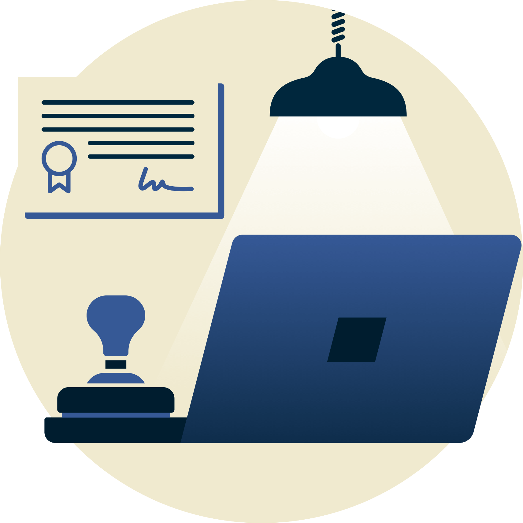 Lampada su timbro di gomma e computer portatile, con certificato sullo sfondo.