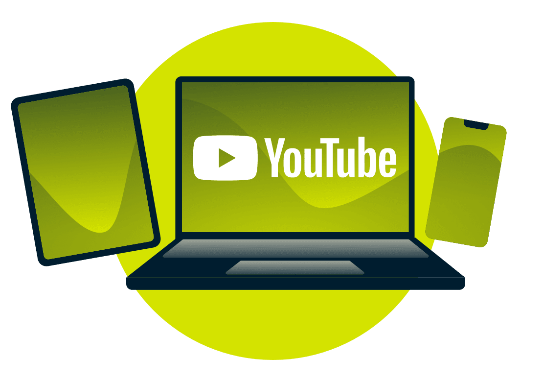 Un portatile, un tablet e un telefono, con il logo di YouTube.