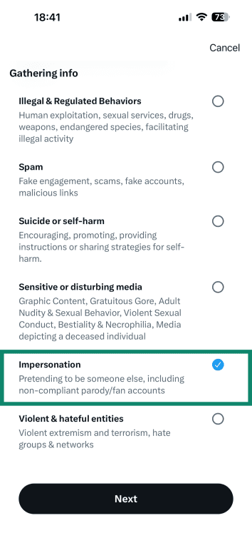 The Impersonation reporting tool on X asking if you're being impersonated, or someone else.