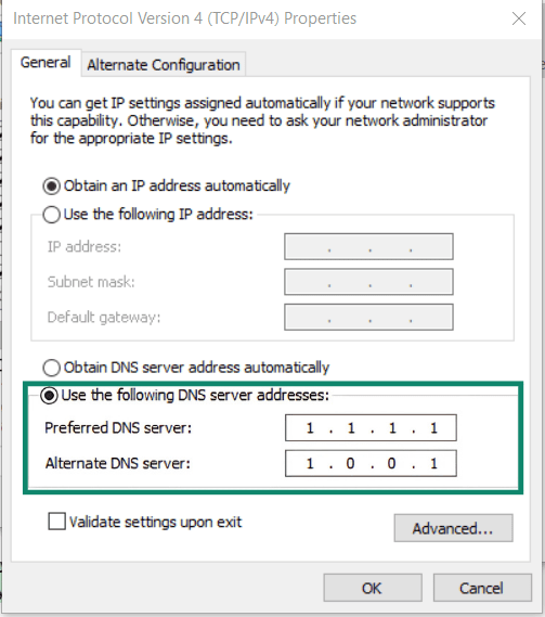 DNS server address fields highlighted in the Windows settings.