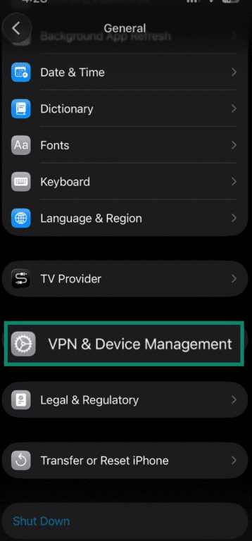 VPN & Device Management settings in iPhone settings.