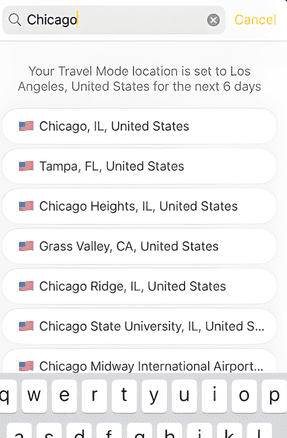 The Travel Mode search interface displaying "Chicago" in the search bar with a list of suggested locations in the United States.