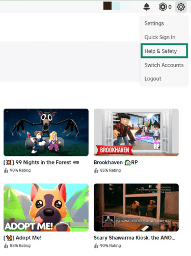 The Roblox account dashboard home page. The main dropdown menu is opened and the "Help & Safety" option is highlighted.