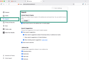 The "Search" tab in Firefox highlighting, alongside the "Default Search Engine" option.