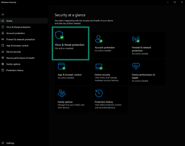 Windows Security menu with the Virus & threat protection tile highlighted.
