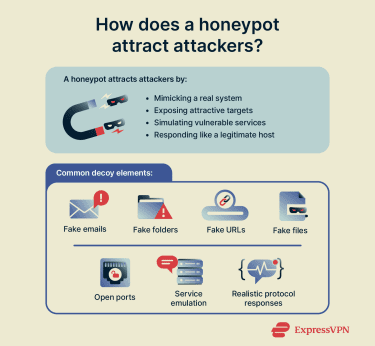 Infographic showing how honeypots attract cybercriminals.