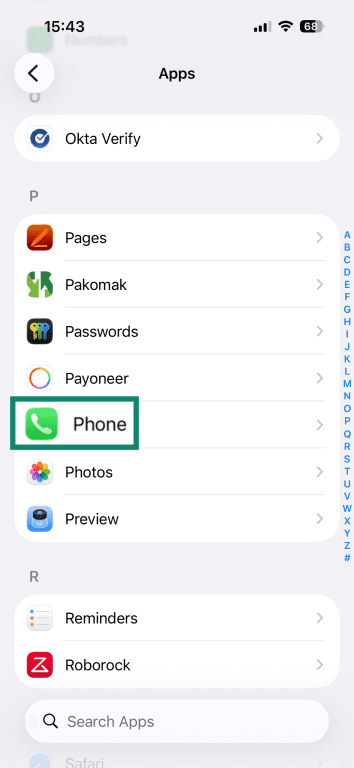 'Phone' option highlighted in the iPhone settings.