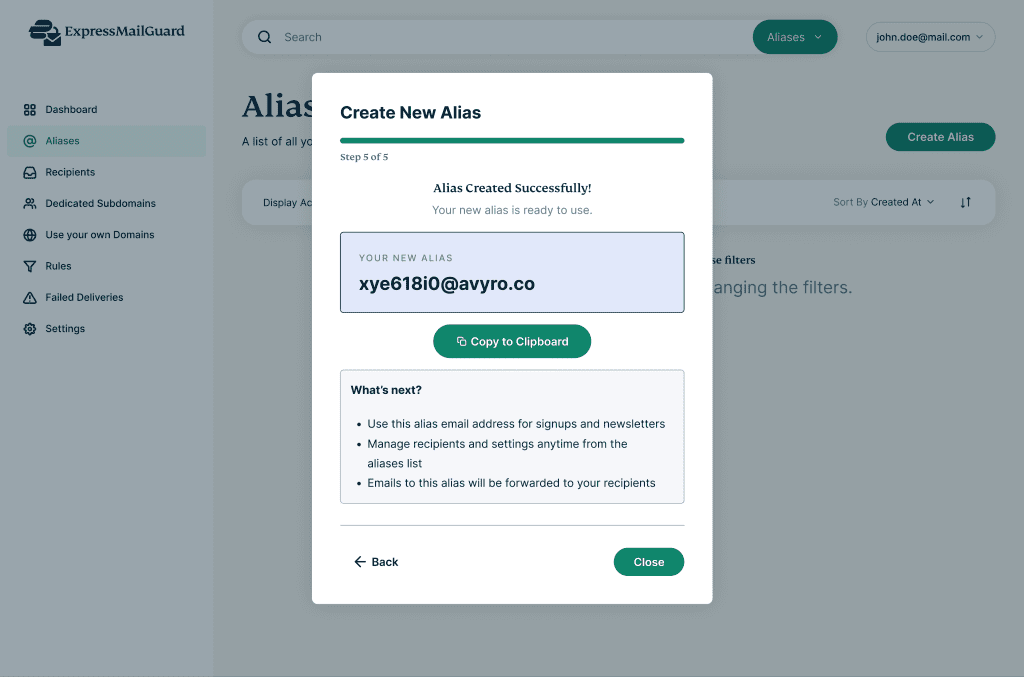 Create new alias success screen in ExpressMailGuard email privacy product 
