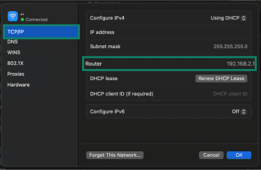 Wi-Fi or Ethernet details window open on the Mac, with the TCP/IP tab selected to display IP address information, including the router IP.