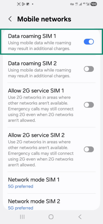 Mobile network toggle on under Mobile networks settings on Android