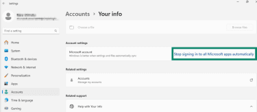 "Stop signing in to all Microsoft apps automatically" option highlighted in the Windows 11 account section.