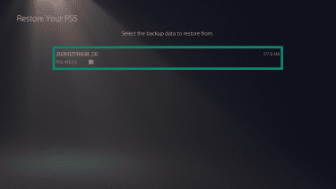The "Restore Your PS5" page on a PlayStation 5. A backup data entry is highlighted.