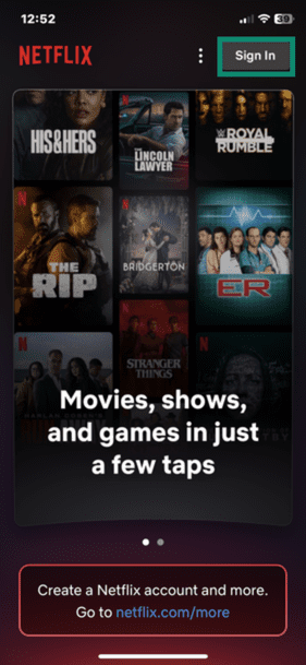 Netflix app open on an iOS device with Sign In option highlighted