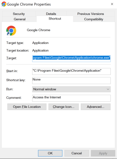 How to check a program's target field on Windows.